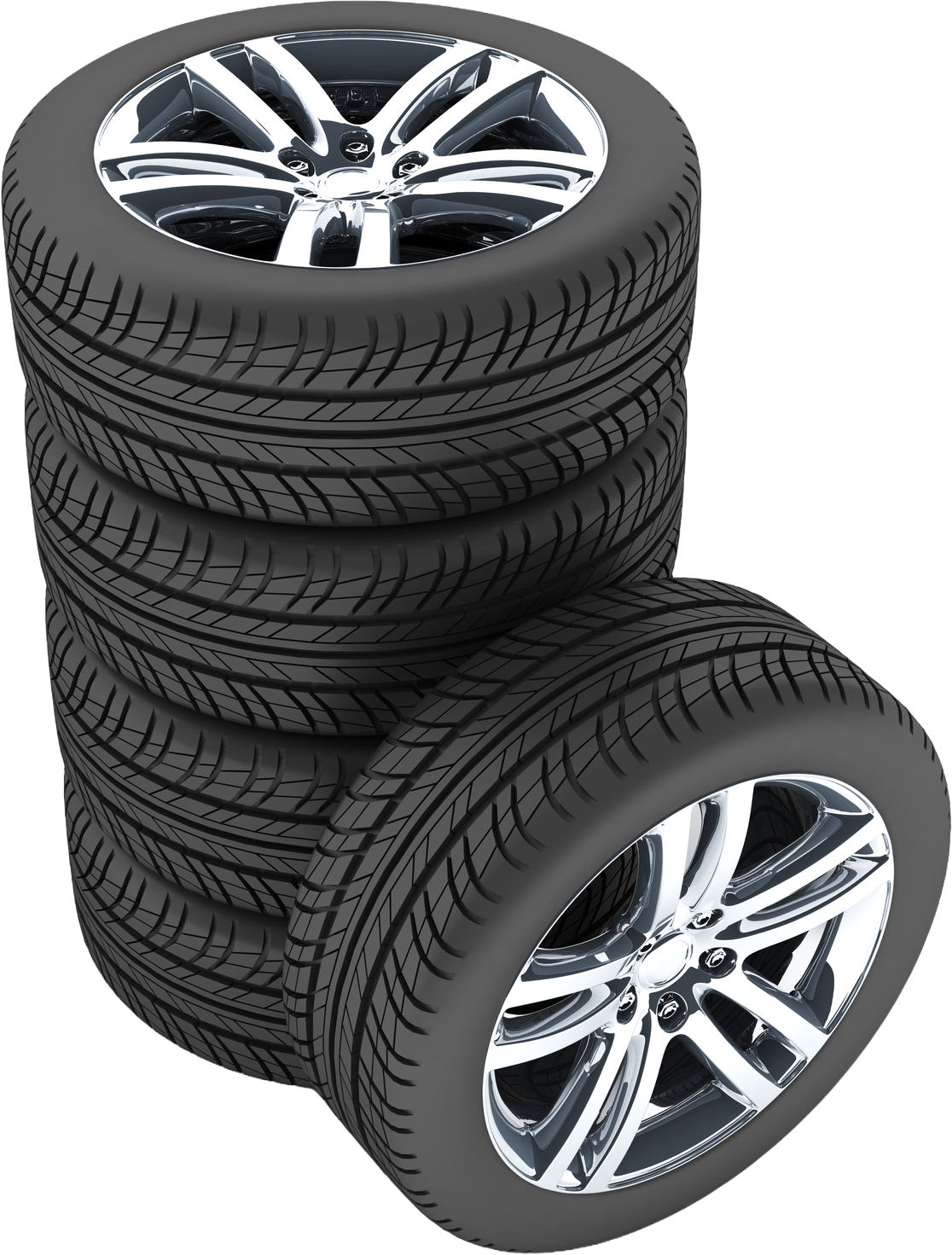 Stacked tires with polished chrome rims showcase a modern design, emphasizing automotive maintenance or replacement. Ideal for tire-related content.